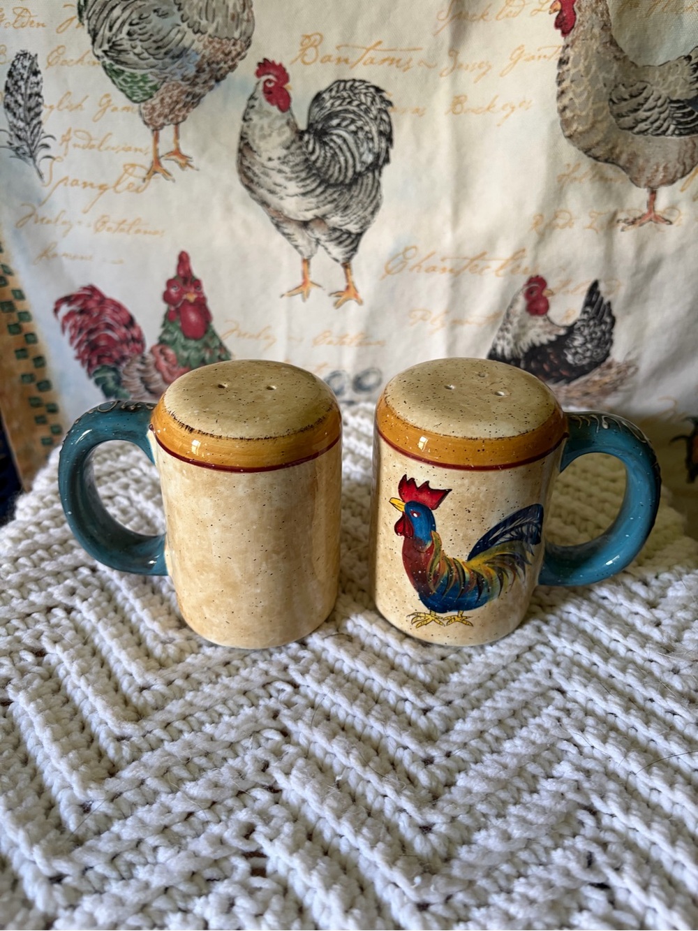 Rustic Rooster Ceramic Salt and Pepper Shakers - Blue Handle, Beige Body